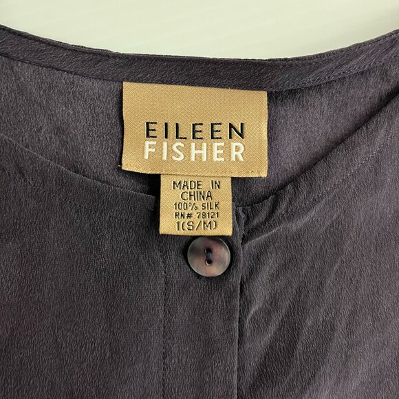 Eileen Fisher 100% Silk Plum Button Down LS Blouse Side Slits Band Collar S/M - Picture 2 of 8